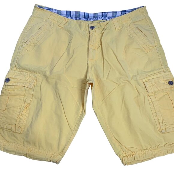 TZBD Cargo Pocket Shorts 36 Yellow Drawstring Hems Button Zipper Belt Loops - Picture 1 of 4